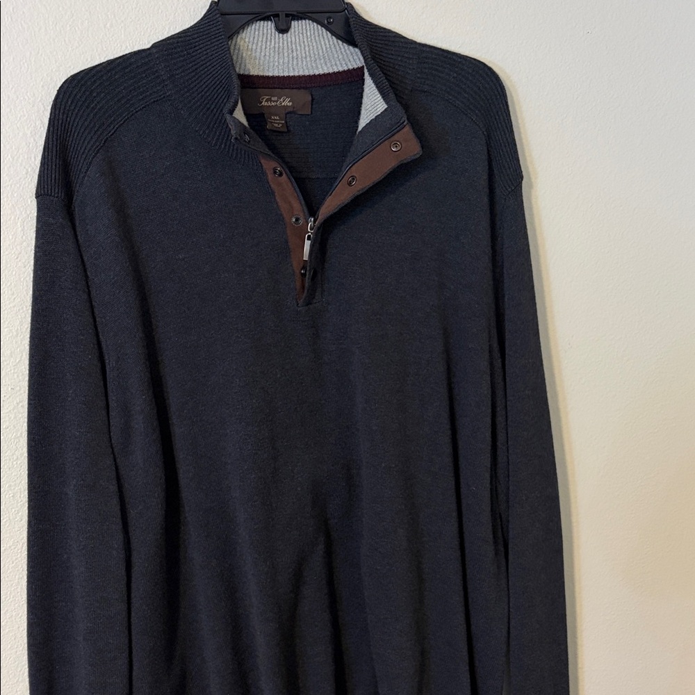 Tasso Elba Men's Dark Charcoal Quarter-Zip Sweater with Brown Trim